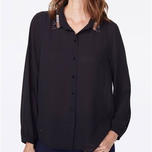 NYDJ Black Embellished Long Sleeve Top Blouse